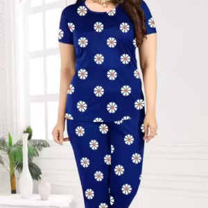 Stylish Women’s Printed Satin Night Suit Set – T-Shirt & Pyjama Nightwear