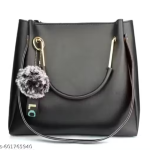Trendy Faux Leather Handbag with Pom-Pom Keychain