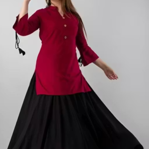 Women Party Wear Rayon Kurta & Skirt Set – Stylish Maroon Ethnic Combo