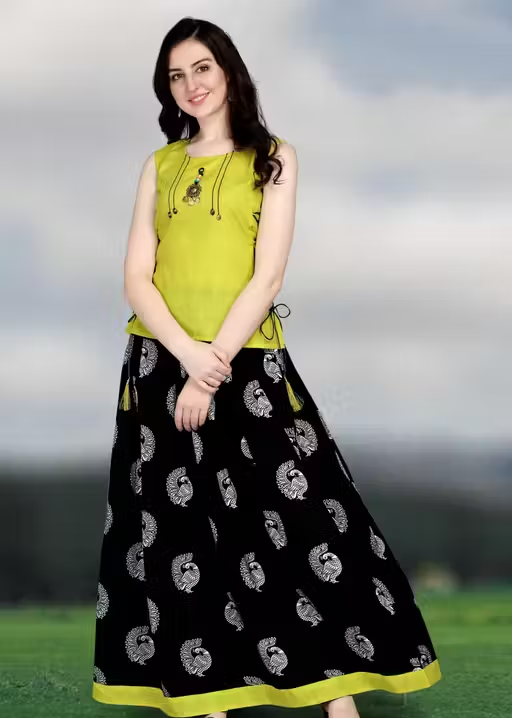 Cotton Top & Crepe Skirt Ethnic Set – Stylish Printed Lehenga Style Outfit