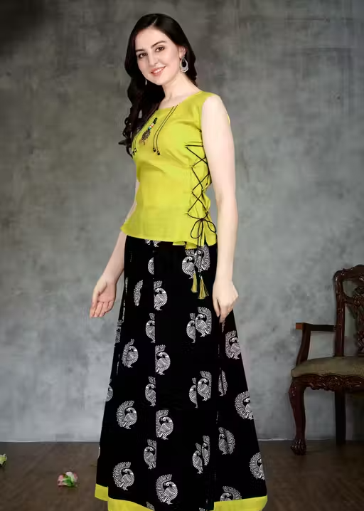 Cotton Top & Crepe Skirt Ethnic Set – Stylish Printed Lehenga Style Outfit - Image 3