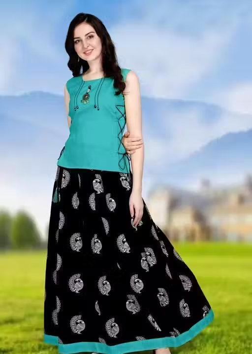 Cotton Top & Crepe Skirt Ethnic Set – Stylish Printed Lehenga Style Outfit