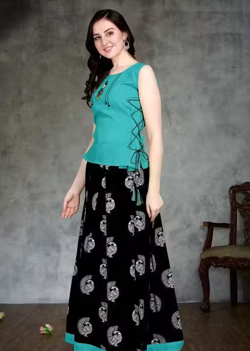 Cotton Top & Crepe Skirt Ethnic Set – Stylish Printed Lehenga Style Outfit - Image 2