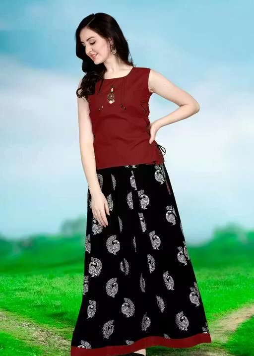 Cotton Top & Crepe Skirt Ethnic Set – Stylish Printed Lehenga Style Outfit