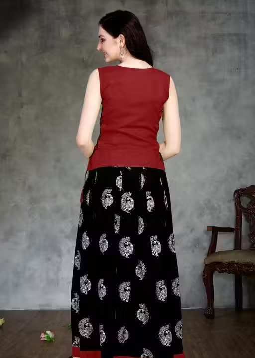 Cotton Top & Crepe Skirt Ethnic Set – Stylish Printed Lehenga Style Outfit - Image 2