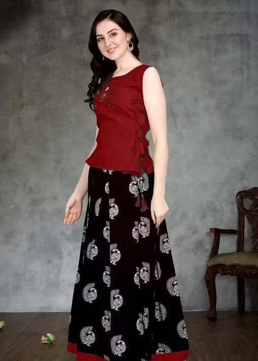 Cotton Top & Crepe Skirt Ethnic Set – Stylish Printed Lehenga Style Outfit - Image 3