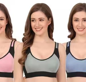 Women Cotton Blend Non-Padded Non-Wired Sports Bra (Pack of 3)