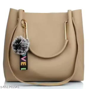 Trendy Faux Leather Handbag with Pom-Pom Keychain