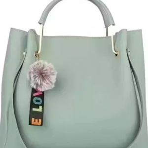 Trendy Faux Leather Handbag with Pom-Pom Keychain