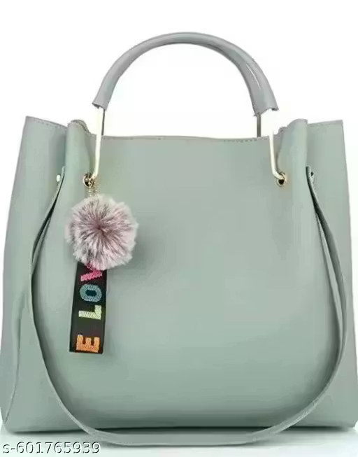 Trendy Faux Leather Handbag with Pom-Pom Keychain
