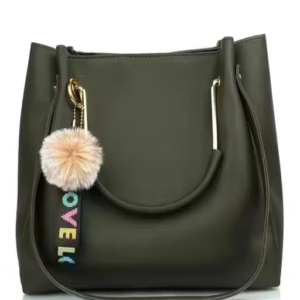 Trendy Faux Leather Handbag with Pom-Pom Keychain
