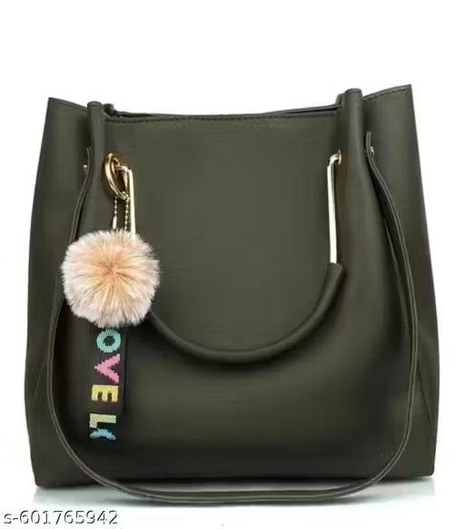 Trendy Faux Leather Handbag with Pom-Pom Keychain