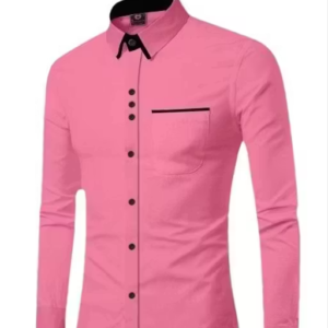 Stylish Men’s Solid Light Pink Slim Fit Shirt with Black Contrast Collar & Pocket – Formal, Casual & Party Wear
