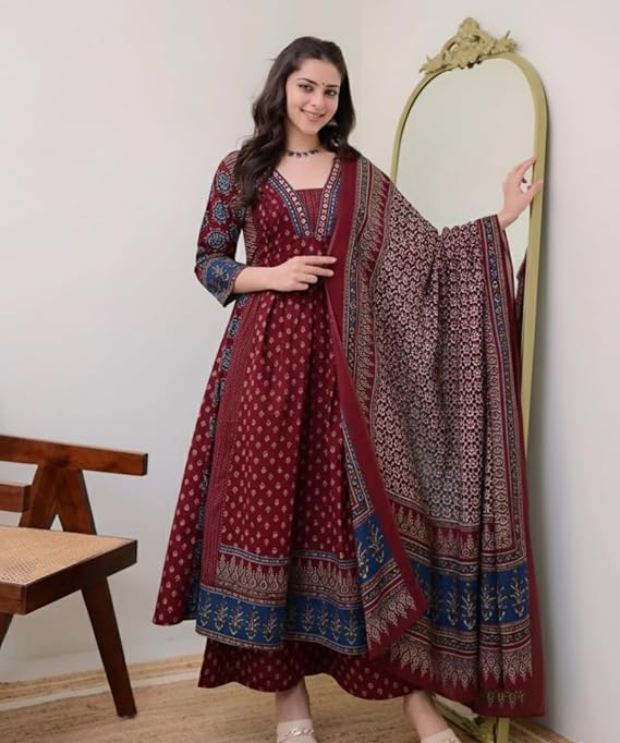 Viscose Printed Anarkali Kurta Set with Pant and Dupatta - Image 3