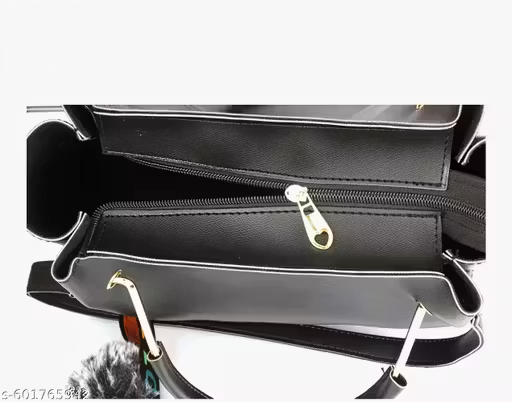 Trendy Faux Leather Handbag with Pom-Pom Keychain - Image 3