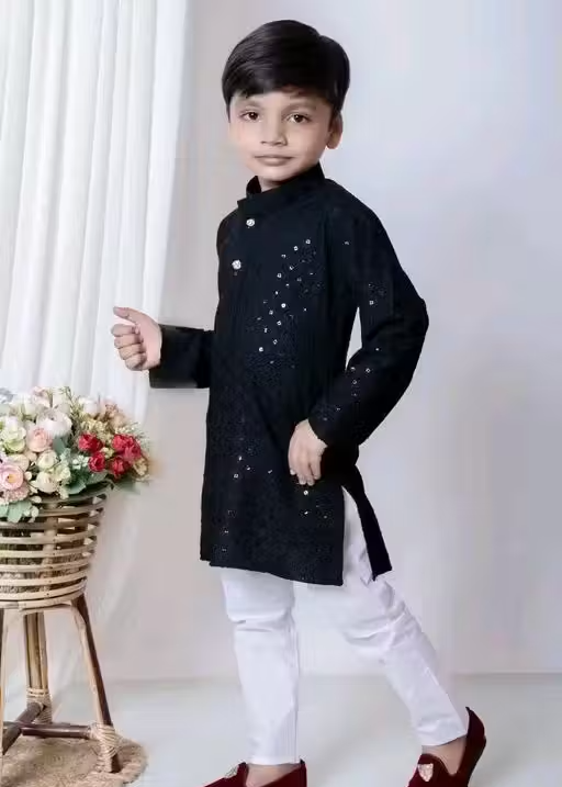 Sequence Kurta Pyjama Boys Festive & Party Dress (Mehendi) - Image 3