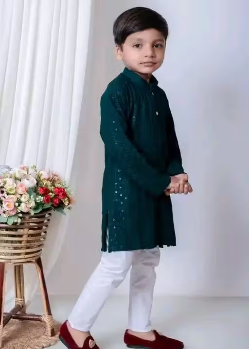 Sequence Kurta Pyjama Boys Festive & Party Dress (Mehendi) - Image 3