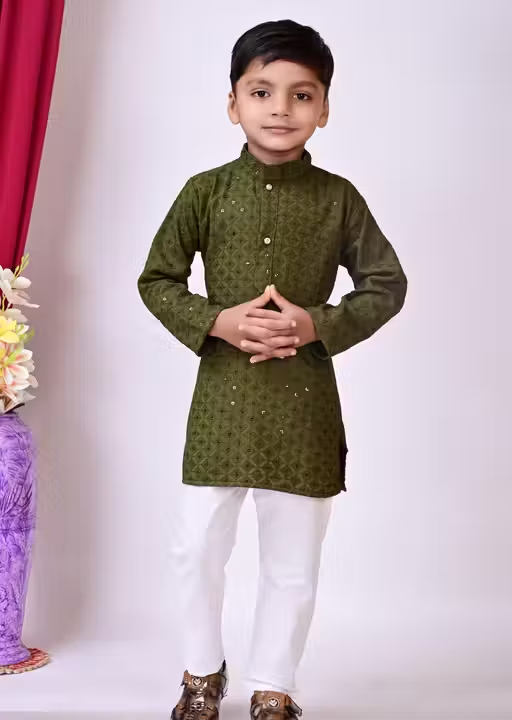 Sequence Kurta Pyjama Boys Festive & Party Dress (Mehendi) - Image 2