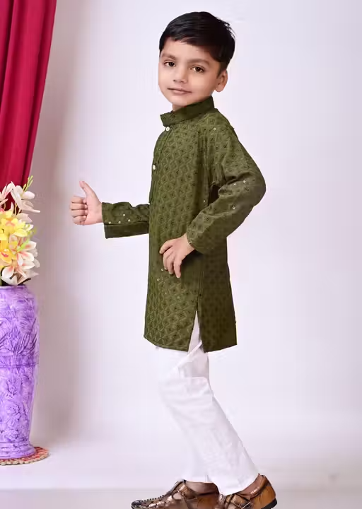 Sequence Kurta Pyjama Boys Festive & Party Dress (Mehendi) - Image 3