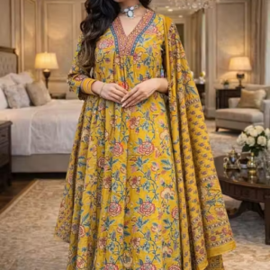 Women Mustard Yellow Floral Printed Anarkali Kurta Set with Dupatta