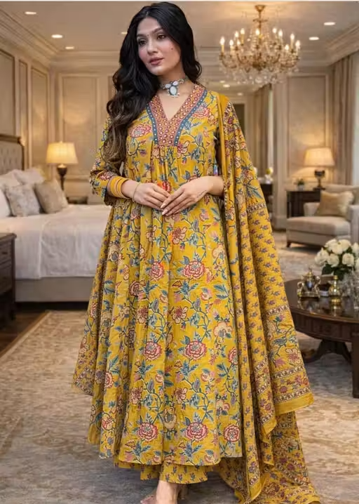 Women Mustard Yellow Floral Printed Anarkali Kurta Set with Dupatta