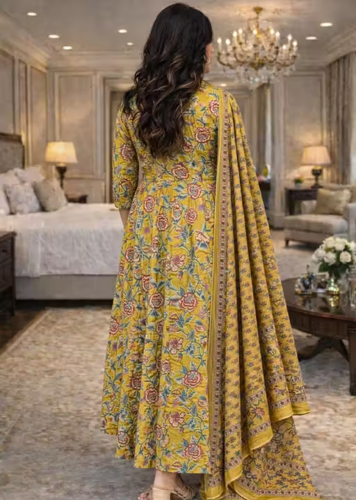 Women Mustard Yellow Floral Printed Anarkali Kurta Set with Dupatta - Image 2