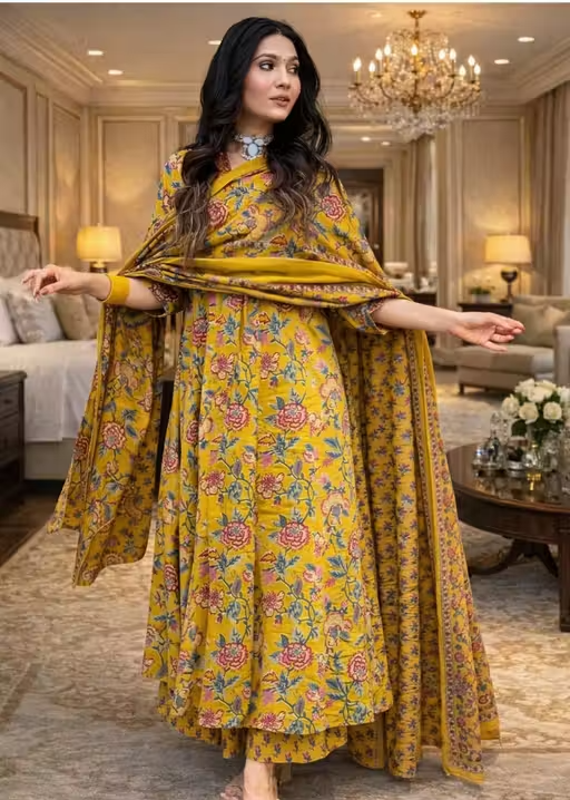 Women Mustard Yellow Floral Printed Anarkali Kurta Set with Dupatta - Image 3