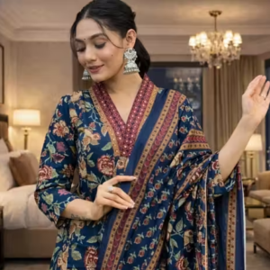 Women Navy Blue Floral Printed Anarkali Kurta Set with Dupatta