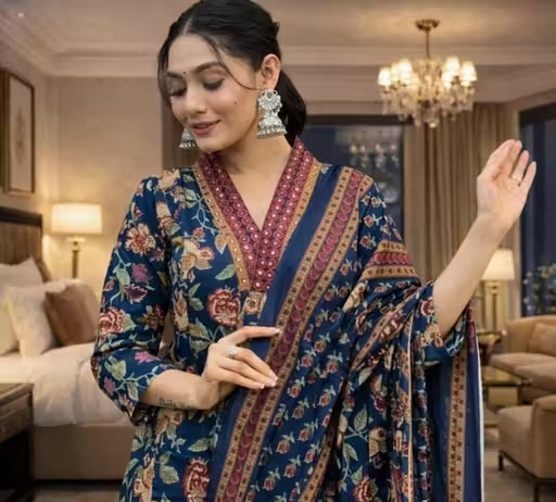Women Navy Blue Floral Printed Anarkali Kurta Set with Dupatta