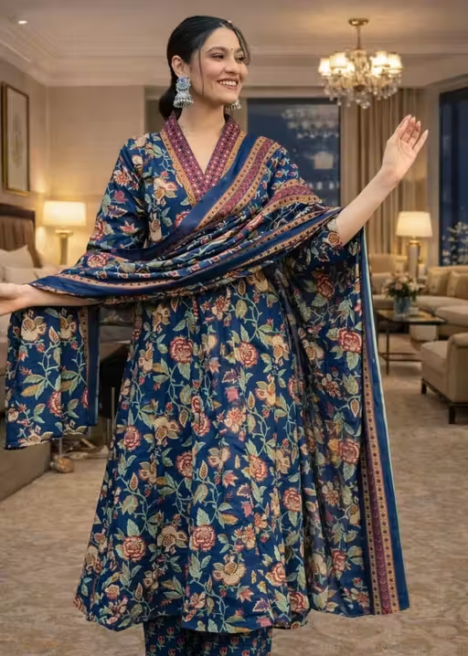 Women Navy Blue Floral Printed Anarkali Kurta Set with Dupatta - Image 2