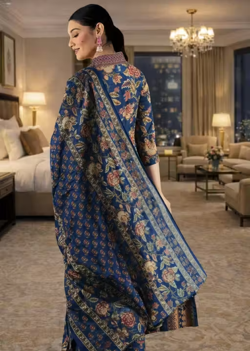 Women Navy Blue Floral Printed Anarkali Kurta Set with Dupatta - Image 3