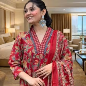 Women Red Floral Printed Anarkali Kurta Set with Dupatta