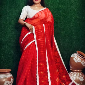 Red Dhakai Jamdani Lace Work Saree