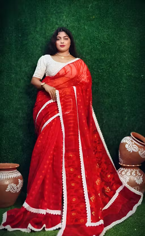 Red Dhakai Jamdani Lace Work Saree