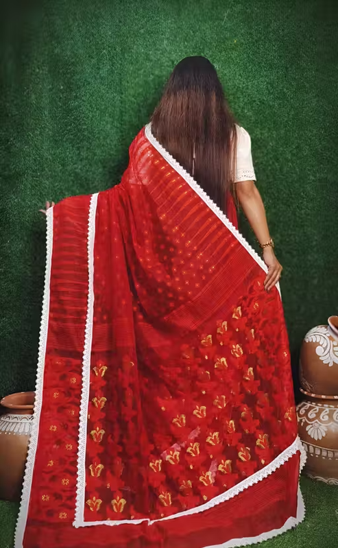 Red Dhakai Jamdani Lace Work Saree - Image 2