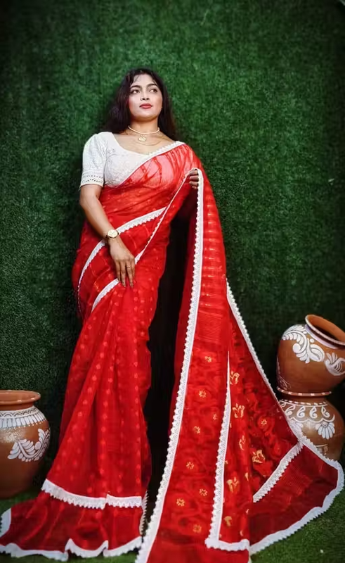 Red Dhakai Jamdani Lace Work Saree - Image 4