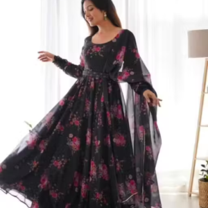 Flower Print Long Kurti With Dupatta (No Bottomwear)