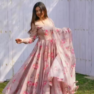 Flower Print Long Kurti With Dupatta (No Bottomwear)