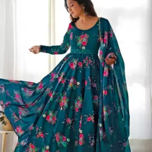 Flower Print Long Kurti With Dupatta (No Bottomwear)