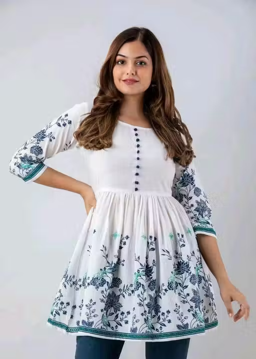 Bright Floral Print Cotton Flared Top