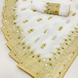 Embroidered Banarasi Georgette Saree With Blouse Piece (White)