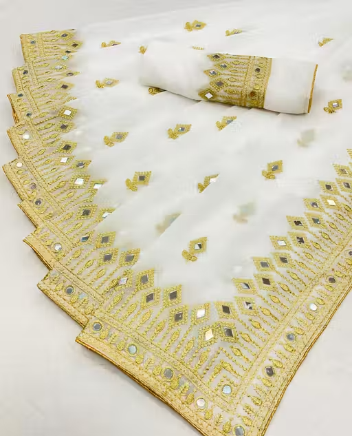 Embroidered Banarasi Georgette Saree With Blouse Piece (White)
