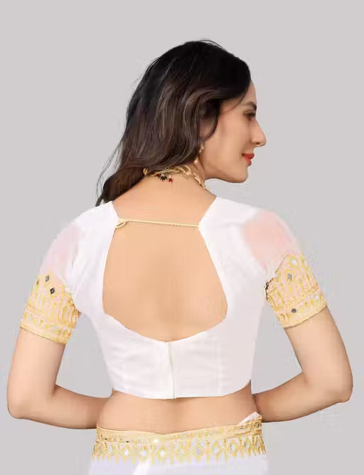 Embroidered Banarasi Georgette Saree With Blouse Piece (White) - Image 3