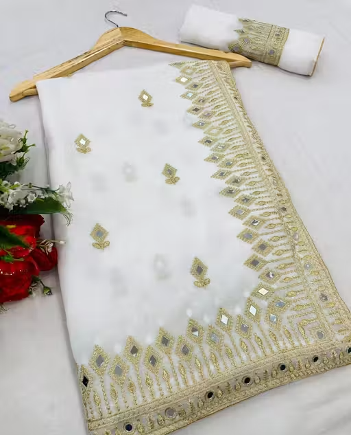 Embroidered Banarasi Georgette Saree With Blouse Piece (White) - Image 4