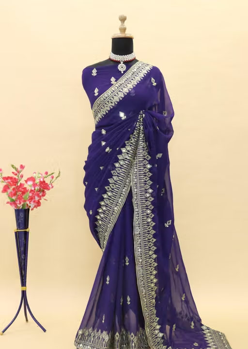 Self Design, Embroidered, Solid/Plain Bollywood Georgette - Image 4