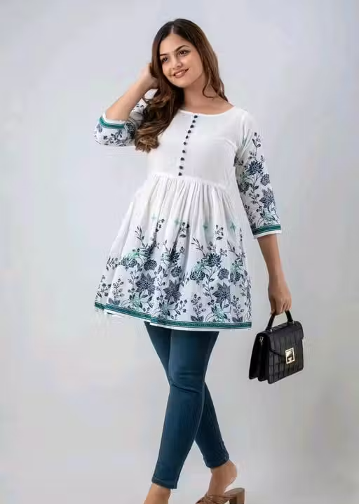 Bright Floral Print Cotton Flared Top - Image 2