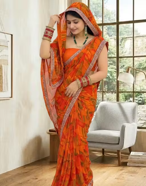 Best Daily Wear Georgette Printed Saree With Full Saree Lace Border With Running Unstitched Blouse Piece Fancy Women's Designer Saree Most Trending Sari Bollywood Saree Georgette Ki Sadi Daily Use Sadi Nai Design Of Sadi Fancy Saree Naye Design Of Saree Poonam Saree New Arrival Latest Sari