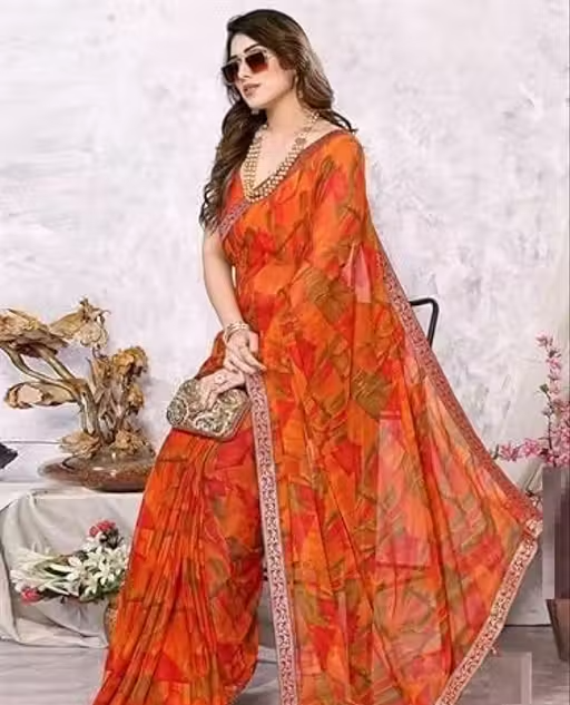 Best Daily Wear Georgette Printed Saree With Full Saree Lace Border With Running Unstitched Blouse Piece Fancy Women's Designer Saree Most Trending Sari Bollywood Saree Georgette Ki Sadi Daily Use Sadi Nai Design Of Sadi Fancy Saree Naye Design Of Saree Poonam Saree New Arrival Latest Sari - Image 3