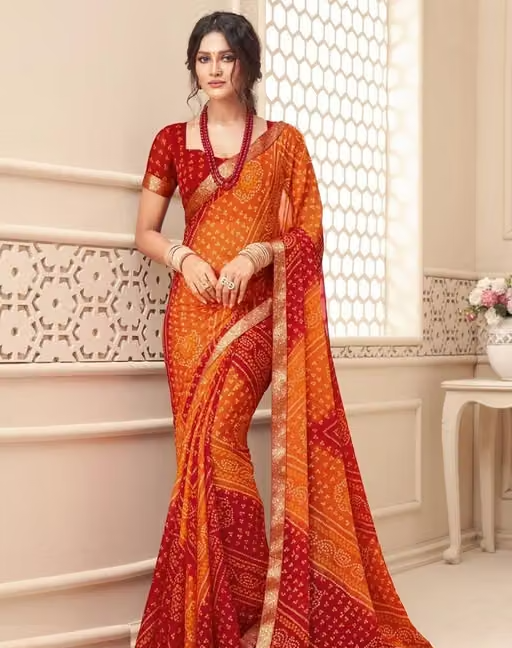 Bandhani Best Daily Wear Georgette Printed Saree With Full Saree Lace Border With Running Unstitched Blouse Piece Fancy Women's Designer Saree Most Trending Sari Bollywood Saree Georgette Ki Sadi Daily Use Sadi Nai Design Of Sadi Fancy Saree Naye Design Of Saree Poonam Saree New Arrival Latest Sari - Image 4