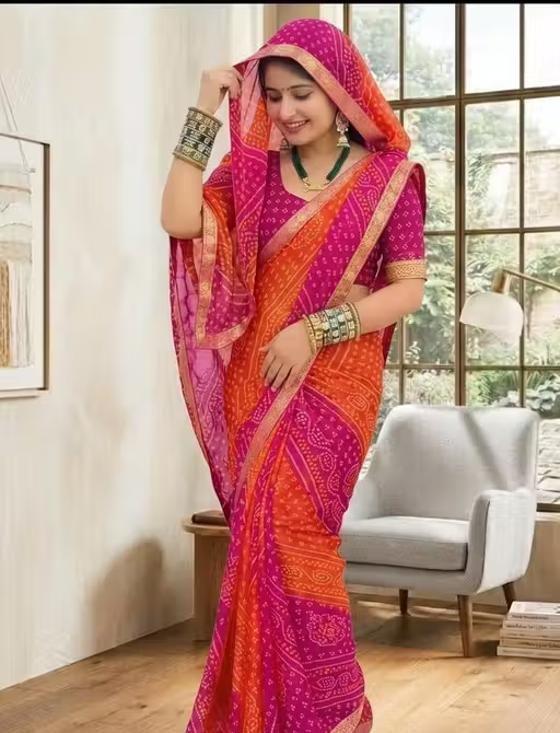 Bandhani Best Daily Wear Georgette Printed Saree With Full Saree Lace Border With Running Unstitched Blouse Piece Fancy Women's Designer Saree Most Trending Sari Bollywood Saree Georgette Ki Sadi Daily Use Sadi Nai Design Of Sadi Fancy Saree Naye Design Of Saree Poonam Saree New Arrival Latest Sari